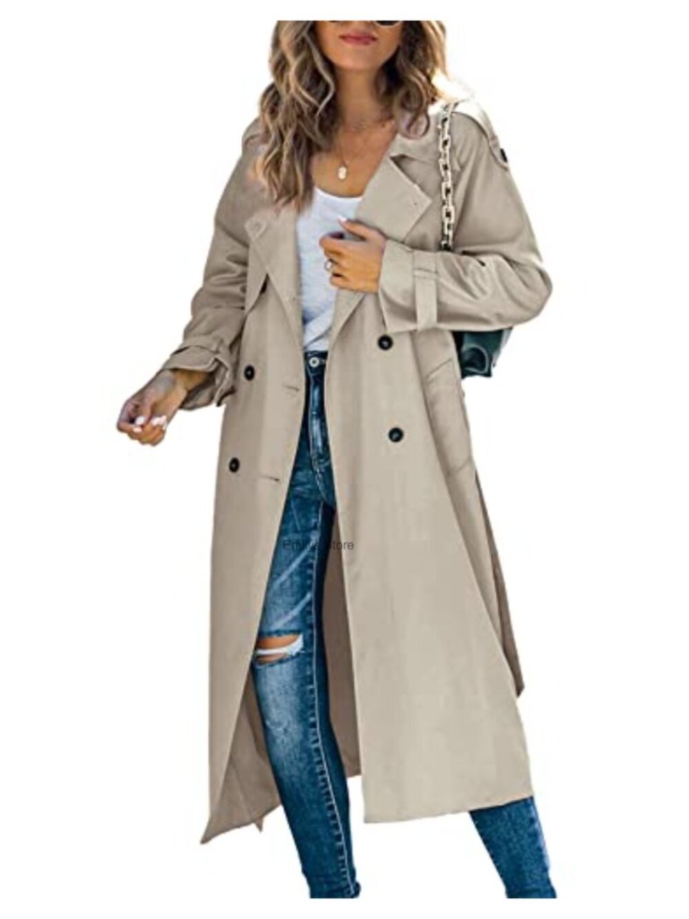 Women's Long Trench Coat Double Breasted Windproof Overcoat with Belt